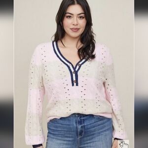 TORRID Knit V Neck Button Sweater Size 3 Pink Blue Tan Sixe 22 24 New with Tags